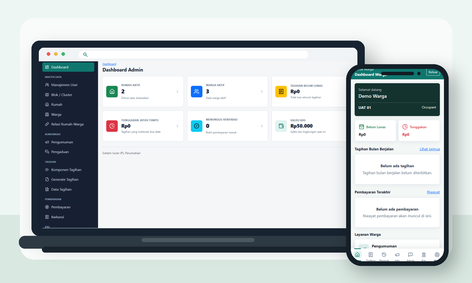 Mockup dashboard Admin Sistem IPL pada laptop dan portal Warga pada handphone